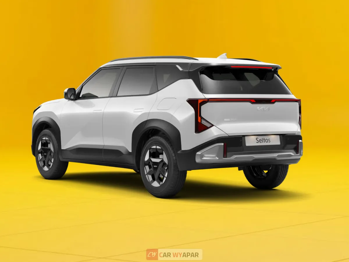 rear three-quarter view of a white Kia Seltos HTK variant on a yellow background, captured from a slightly lower angle.